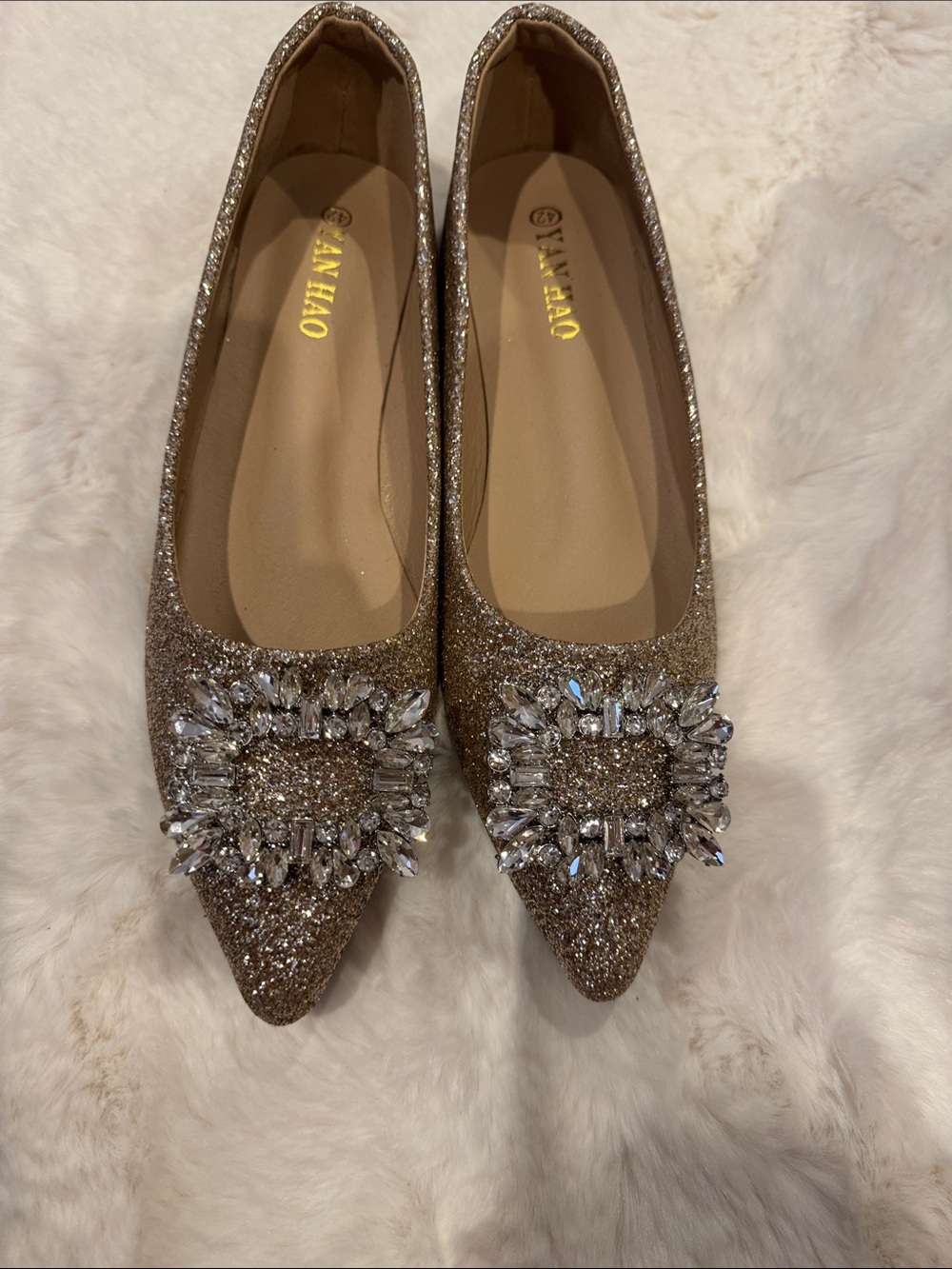 Gold Glitter Pointed Flats with Crystal Embellishment